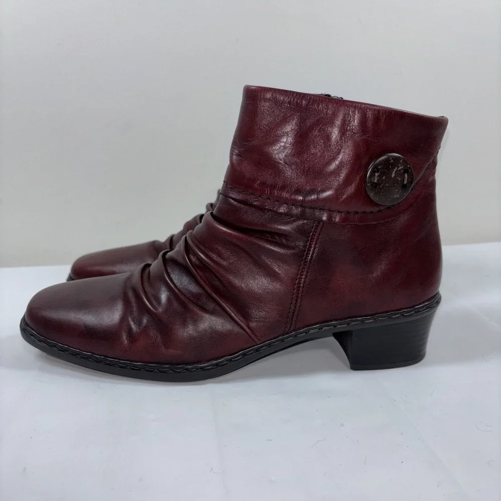 Rieker Kendra 40 Burgundy Soft Leather Ankle Boots Slouch‎ Shoes Zip Up Comfort